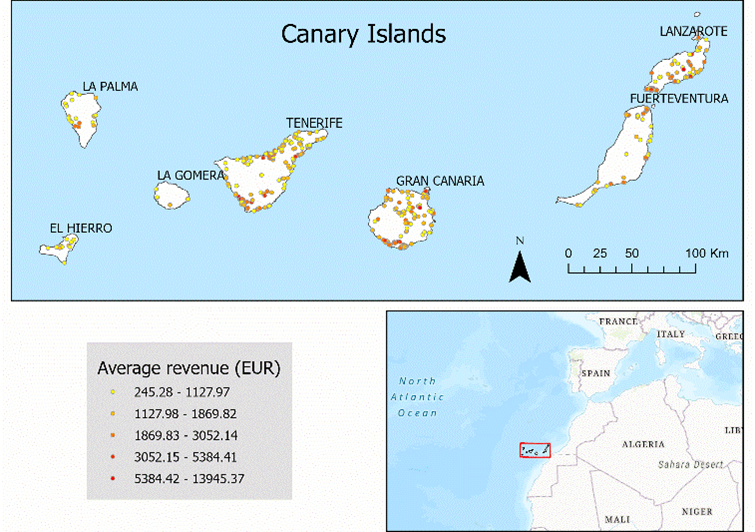 Figura 1. Distribución espacial e ingresos mensuales medios en la muestra considerada en el estudio.
