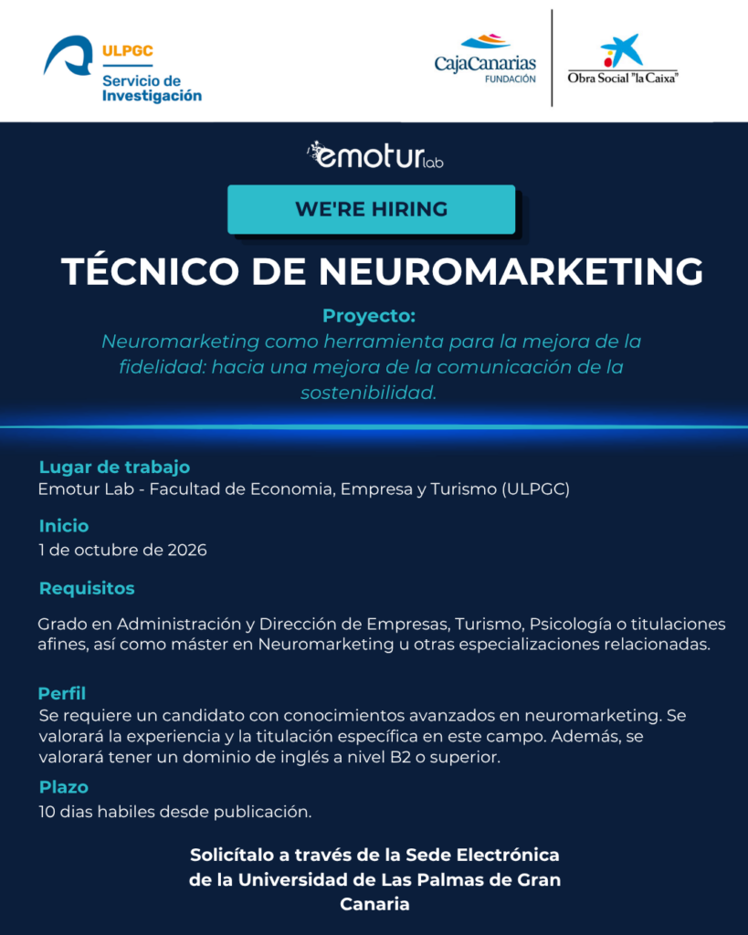 Técnico de Neuromarketing para proyecto- Neuromarketing como herramienta para la mejora de la fidelidad: hacia una mejora de la comunicación de la sostenibilidad	 Analista de datos para proyecto: Neuromarketing como herramienta para la mejora de la fidelidad: hacia una mejora de la comunicación de la sostenibilidad